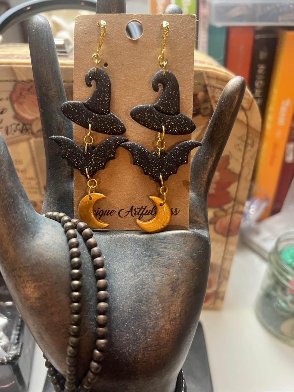 Black Glitter Witch Hat & Bat Drop Earrings with Gold Moon Accents